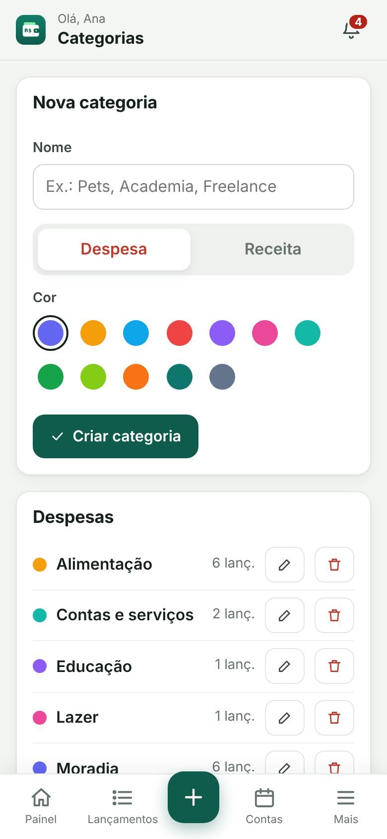 Tela de categorias com cores para despesas e receitas