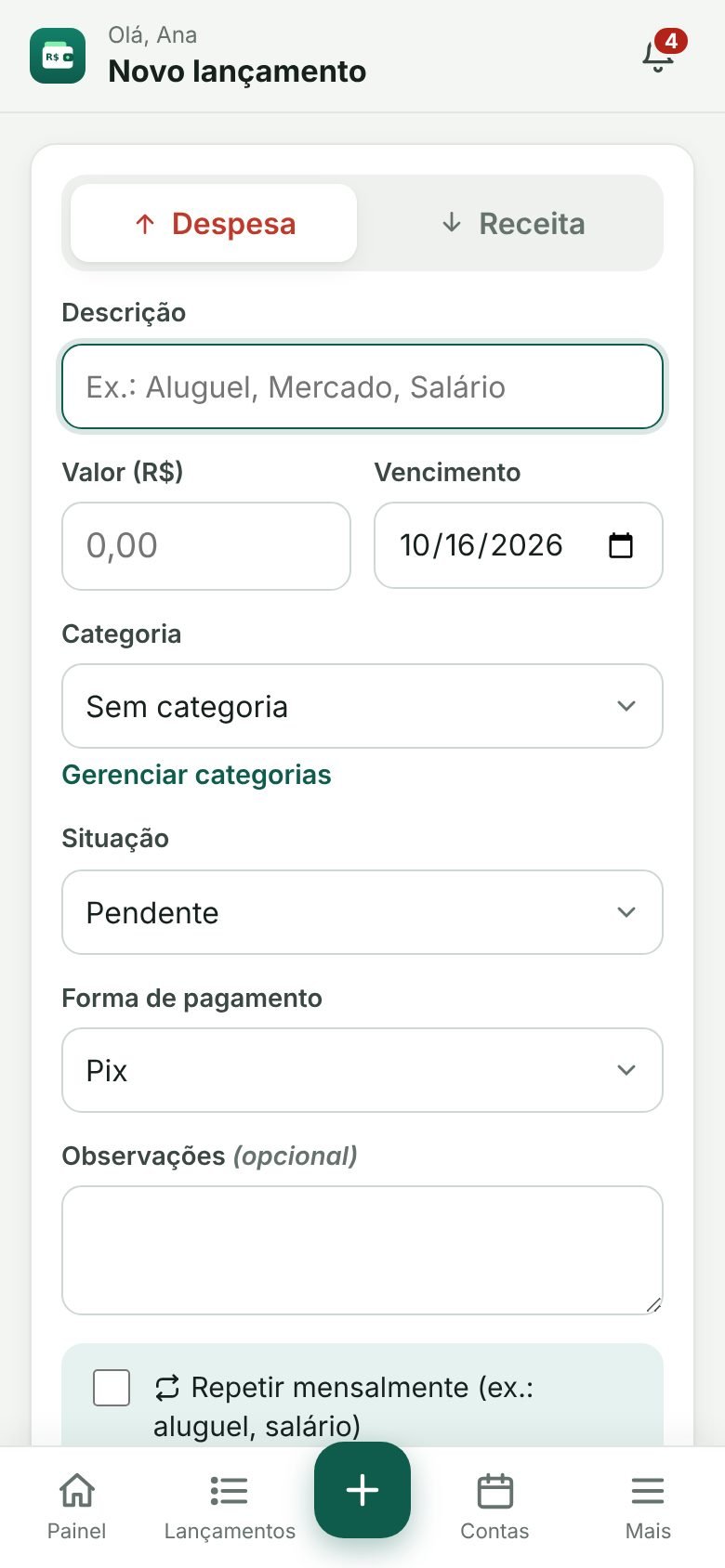 Formulário de novo lançamento com tipo, descrição, valor e vencimento